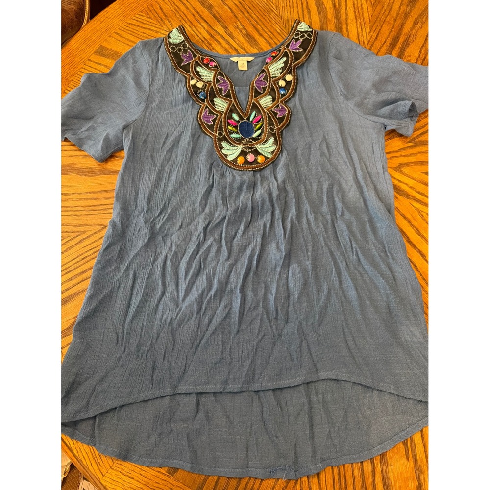 Est. 1946 Womens Blue Embellished V-Neck Boho Tunic Top Short Sleeve Size M